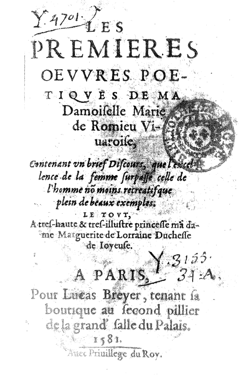 Les Premières Œuvres poétiques de Mademoiselle Marie de Romieu